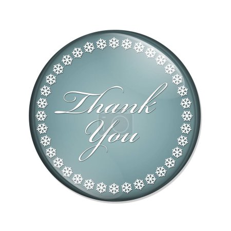 Téléchargez les photos : Bouton Merci, Un bouton bleu avec des flocons de neige avec des mots Merci isolé sur un fond blanc - en image libre de droit