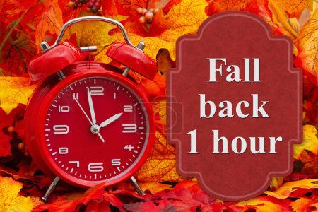 Photo for Fall back 1 hour sign with an alarm clock and fall leaves - Royalty Free Image
