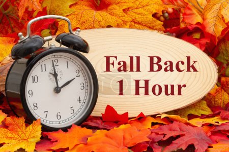 Photo for Fall back 1 hour sign with an alarm clock and fall leaves - Royalty Free Image
