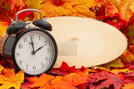 Photo for Blank wood sign with an alarm clock and fall leaves for your time change or autumn time message - Royalty Free Image