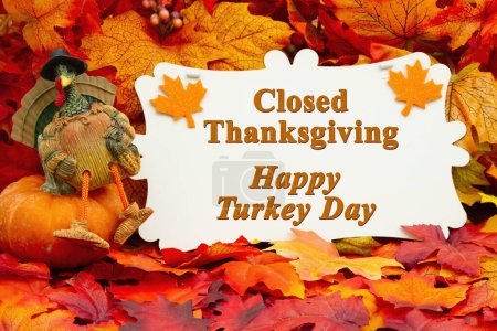 Photo for Closed Thanksgiving Day sign with a turkey on a pumpkin and fall leaves - Royalty Free Image