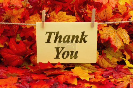 Foto de Gracias tarjeta de felicitación con hojas de otoño colgando de una cuerda - Imagen libre de derechos