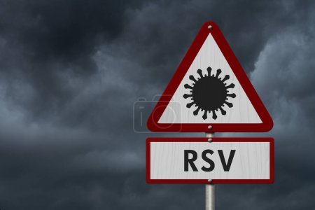 Photo for RSV red warning road sign with stormy sky for caution health message - Royalty Free Image