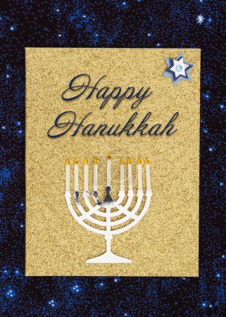 Photo for Happy Hanukkah greeting card with menorah on stars for your seasonal message - Royalty Free Image