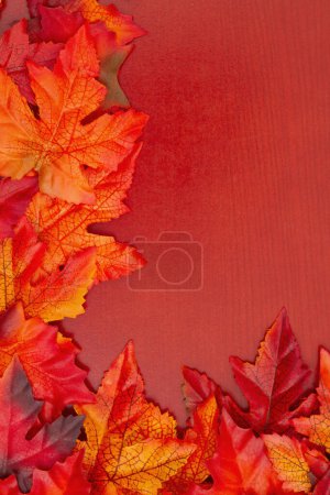 Foto de Hojas de otoño sobre madera fondo de otoño para su mensaje estacional - Imagen libre de derechos