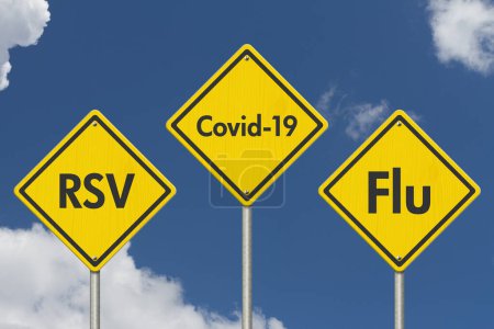 Téléchargez les photos : Panneau de signalisation RSV, covid-19 et grippe jaune avec ciel bleu - en image libre de droit