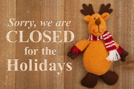 Téléchargez les photos : Désolé, nous sommes fermés pour les vacances signe avec un orignal d'hiver sur bois altéré - en image libre de droit