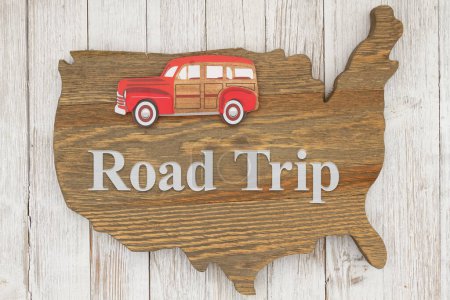 Photo for Road Trip USA with old retro car on weathered wood USA map on whitewash - Royalty Free Image