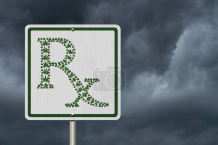 Photo for Driving Under the Influence of  Marijuana, A road highway sign with a prescription sign of marijuana leaf with stormy sky background - Royalty Free Image