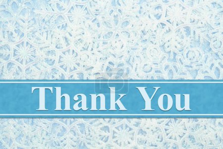 Foto de Thank you message with white and blue snowflakes winter on a ribbon - Imagen libre de derechos