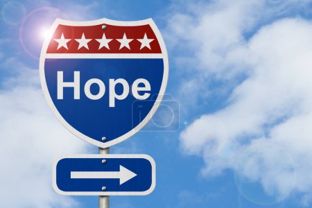 Photo for Hope message on red and blue highway sign with sunny sky - Royalty Free Image