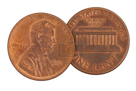 Foto de Close-up of two USA pennies both sides isolated on white for your two cents message - Imagen libre de derechos