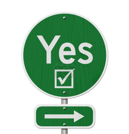 Foto de Yes message on green street sign with arrow isolated on white - Imagen libre de derechos