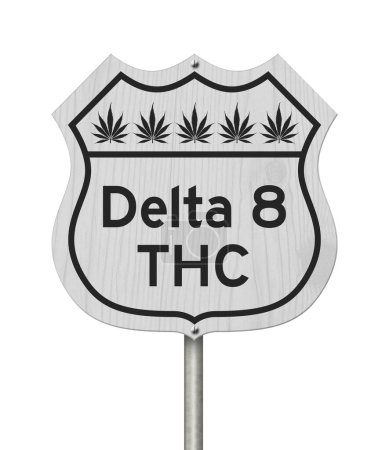 Photo for Delta 8 THC message with cannabis leaves on a American highway sign isolated on white - Royalty Free Image