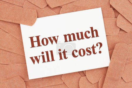 Photo for How much will it cost message on greeting card with lots of fabric adhesive band aids with for your medical or injury message - Royalty Free Image