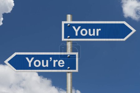 Téléchargez les photos : Learning to use proper grammar, Blue road sign with words Your You're with sky background - en image libre de droit