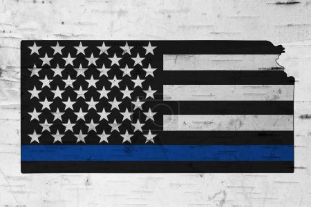 Photo for American thin blue line flag on map of Kansas for your support of police officers - Royalty Free Image