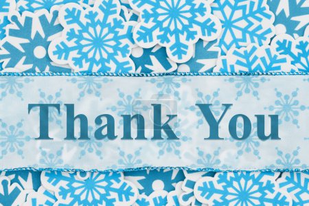 Foto de Mensaje de agradecimiento en banner con copos de nieve azules para el invierno gracias - Imagen libre de derechos