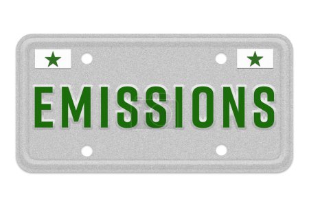Photo for Emissions message on a gray license plate isolated on white - Royalty Free Image
