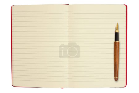 Foto de Diario forrado con pluma estilográfica aislada en blanco para su mensaje diario de escritura - Imagen libre de derechos