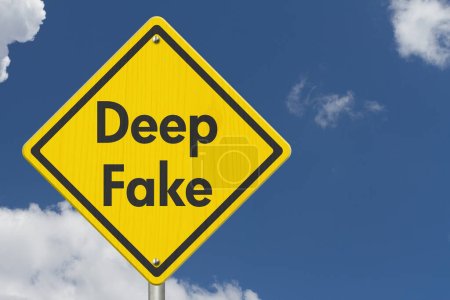 Photo for Deep Fake message on yellow warning road sign with sky - Royalty Free Image