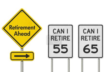 Photo for Retirement ahead with age of 55 and 65 street signs isolated on white - Royalty Free Image