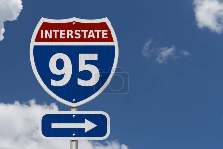 Photo for USA Interstate 95 highway sign, Red, white and blue interstate highway road sign with number 95 with sky background - Royalty Free Image