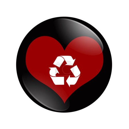 Foto de I Love To Recycle botón, Un botón negro y rojo con un símbolo de reciclaje y un corazón aislado sobre un fondo blanco - Imagen libre de derechos