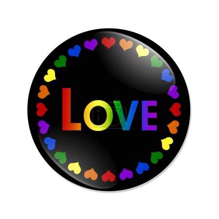 Photo for LGBT Love Button, A black button with word Love and LGBT pride colored hearts and  isolated on a white background - Royalty Free Image