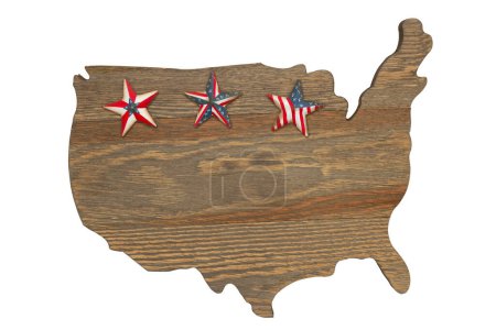 Photo for Weathered wood map of the US the flag stars and stripes isolated on white - Royalty Free Image
