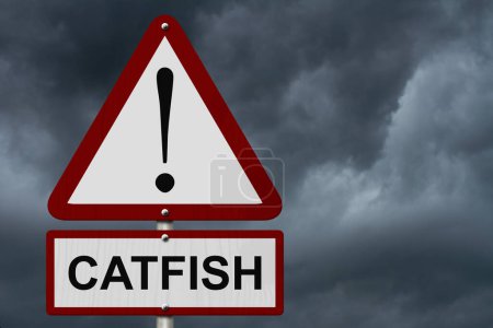Téléchargez les photos : Catfish signe d'avertissement, Triangle rouge et blanc signe d'avertissement avec le mot Catfish avec fond de ciel orageux - en image libre de droit