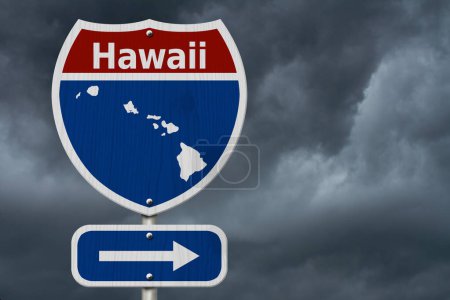 Photo for Road trip to Hawaii, Red, white and blue interstate highway road sign with word Hawaii and map of Hawaii with stormy sky background - Royalty Free Image