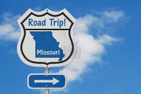 Photo for Missouri Road Trip Highway Sign, Missouri map and text Road Trip on a highway sign with sky background - Royalty Free Image