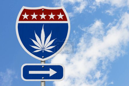 Photo for Weed this way message on highway road sign with sky - Royalty Free Image