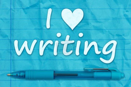 Photo for I love writing on retro blue lined school crumpled paper with a pen - Royalty Free Image