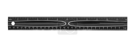 Téléchargez les photos : Règle rétro noire de 12 pouces avec bord argenté isolé sur blanc - en image libre de droit