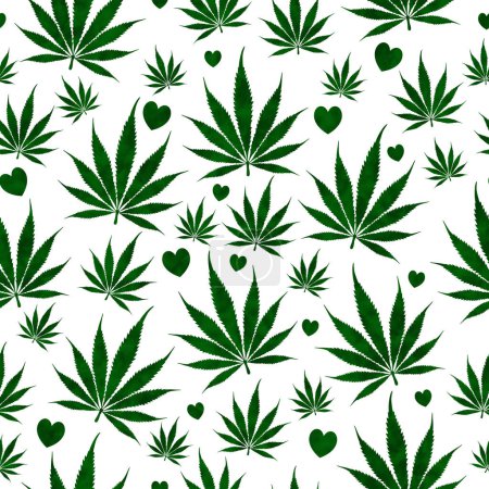 Téléchargez les photos : Mauvaise herbe verte et fond de cœur qui se répète et sans couture pour le message sur le cannabis - en image libre de droit
