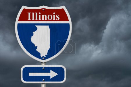 Photo for Road trip to Illinois, Red, white and blue interstate highway road sign with word Illinois and map of Illinois with stormy sky background - Royalty Free Image