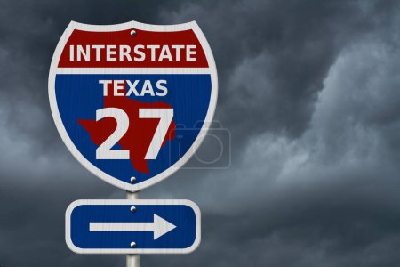 Téléchargez les photos : USA Interstate 27 panneau routier, rouge, blanc et bleu panneau routier inter-états avec le numéro 27 avec fond de ciel orageux - en image libre de droit