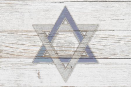 Photo for Jewish background with silver and blue star of David on weathered white wood for your religious message - Royalty Free Image