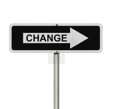 Téléchargez les photos : Chemin du changement, Panneau de rue noir et blanc avec mot Change isolé sur blanc - en image libre de droit