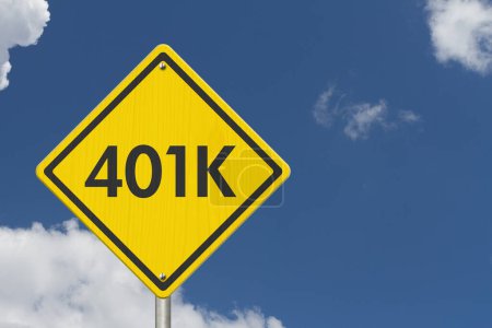 Retirement 401k risks message on warning road sign with sky