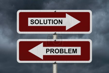 Photo for Solution versus Problem, Red and white street signs with words Solution and Problem with stormy sky background - Royalty Free Image