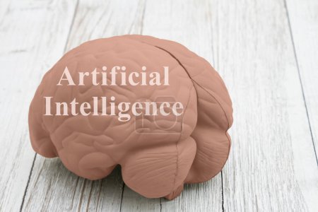  Artificial Intelligence message with model brain on weathered wood desk