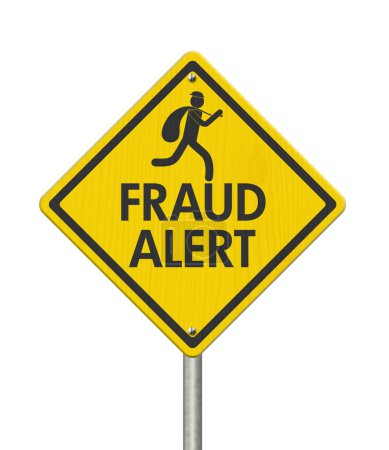 Foto de Mensaje de alerta de fraude con estafador en señal de advertencia aislada en blanco - Imagen libre de derechos