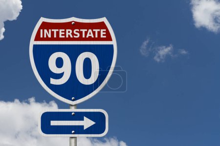 Photo for USA Interstate 90 highway sign, Red, white and blue interstate highway road sign with number 90 with sky background - Royalty Free Image