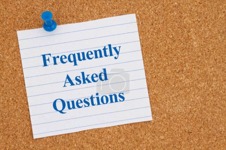 Photo for Frequently Asked Questions on lined rule paper and pushpin on corkboard - Royalty Free Image