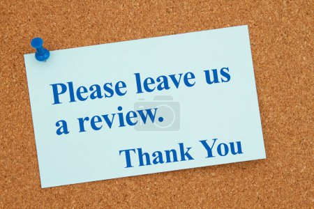 Photo for Please leave us a review thank you on blue note and pushpin on corkboard - Royalty Free Image