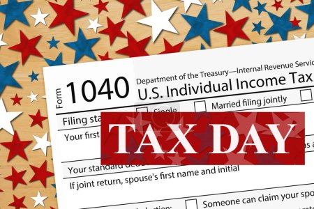 Foto de Mensaje del Día del Impuesto con 1040 impuestos nos formulario federal impuesto sobre la renta individual - Imagen libre de derechos