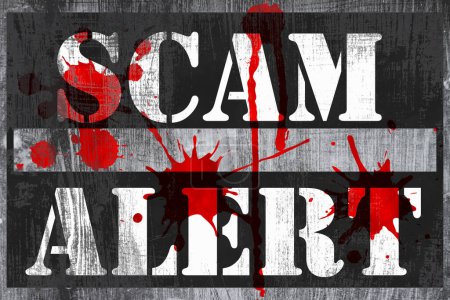 Téléchargez les photos : Scam Alert message avec du sang Scam Alert message avec des taches de sang sur noir altéré - en image libre de droit